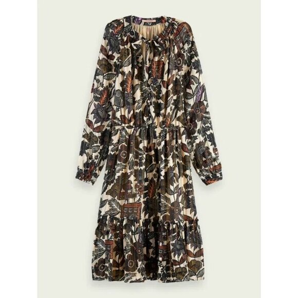 Scotch & Soda Boho Floral Flowy Midi Dress Long Sleeve Tiered Skirt Size S 70s - Picture 2 of 15